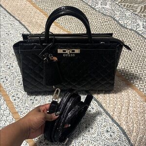 GUESS Black Quilted Satchel with Glossy Finish
